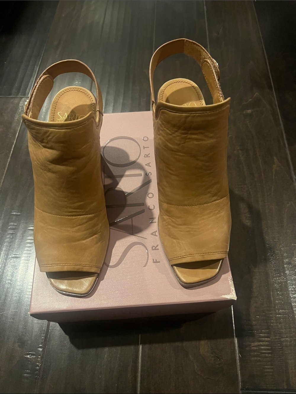 Franco Sarto Tan Leather Peep-Toe Slingback Mules. Excellent condition